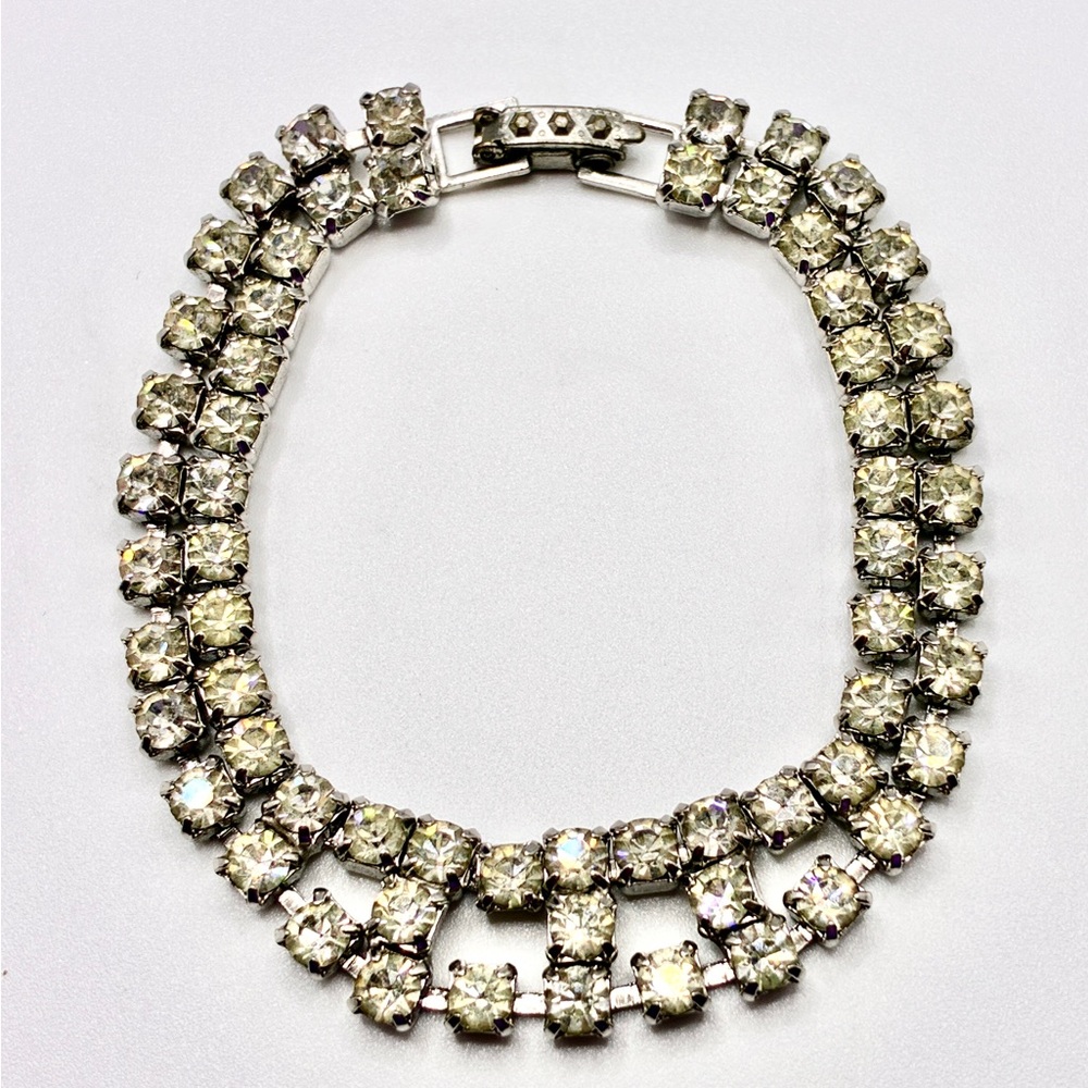 Vintage Stunning Double Strand Rhinestone Bracelet with Fold Over Clasp 7” Inch